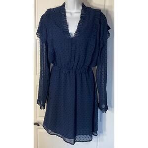 Sugar Lips Navy Swiss Dot Long Sleeve Ruffle Panels V Neck Dress L